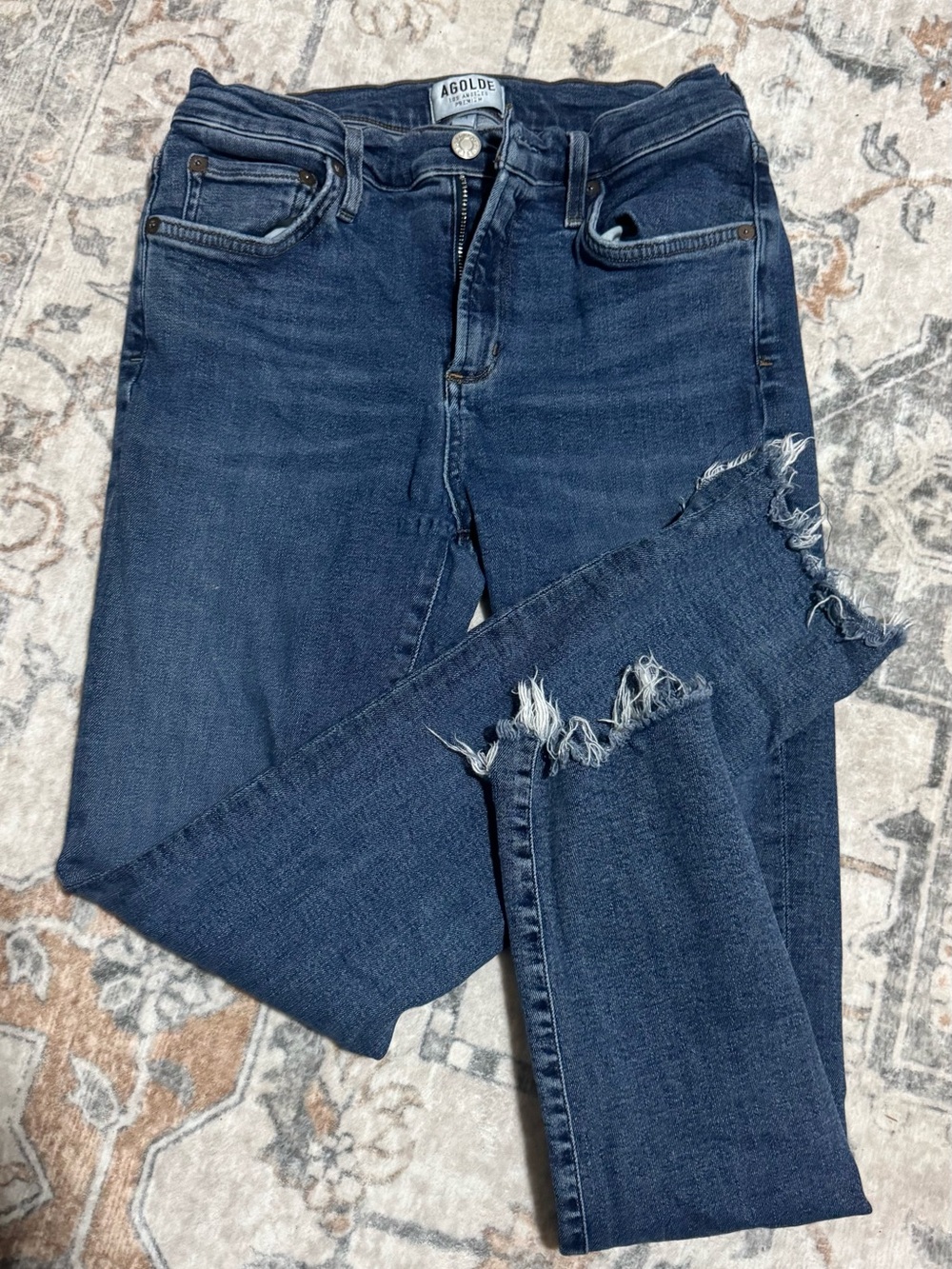 AGOLDE Women’s Size 29 High Rise Distressed Skinny Jeans Dark Wash